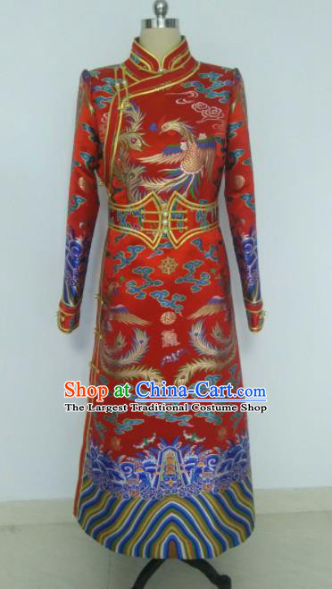 Chinese Traditional Red Ethnic Costumes Mongolian Minority Nationality Bride Dress for Women