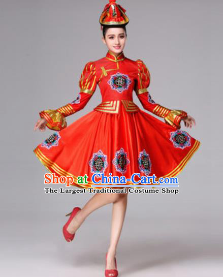 Chinese Traditional Ethnic Costumes Mongol Minority Nationality Folk Dance Red Dress for Women