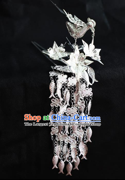 Chinese Traditional Miao Nationality Hair Accessories Sliver Fishes Tassel Hairpins for Women