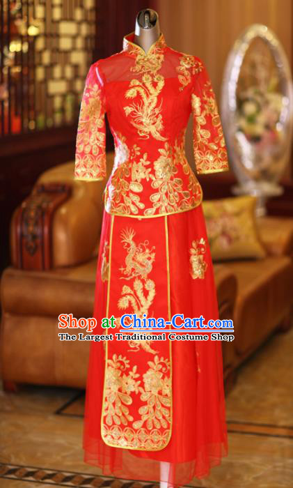 Ancient Chinese Wedding Costumes Embroidered Red Dress Xiuhe Suits for Women