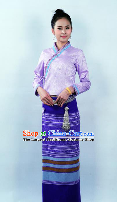 Asian Chinese Ethnic Costumes Traditional Dai Nationality Folk Dance Purple Blouse and Skirt for Women