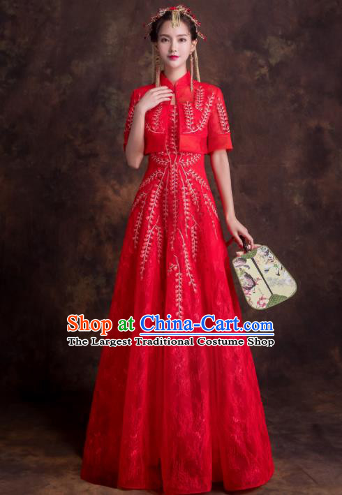 Chinese Traditional Bride Embroidered Xiuhe Suits Ancient Red Wedding Dress for Women