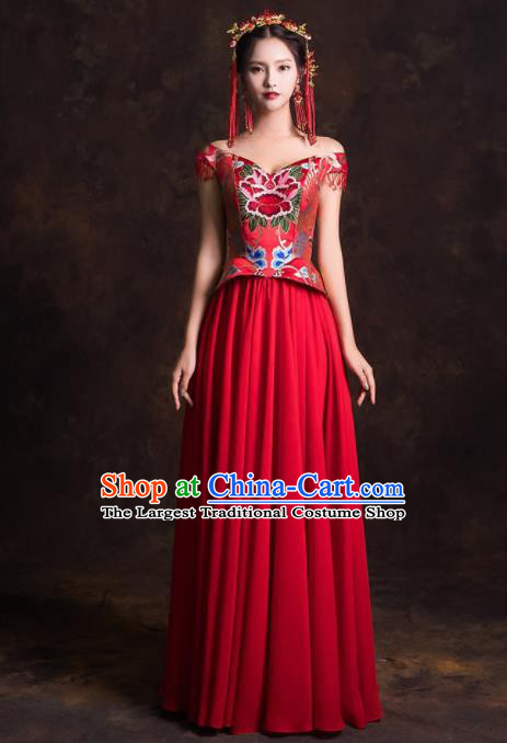 Chinese Traditional Embroidered Red Dress Ancient Wedding Dress for Women