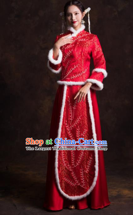 Chinese Traditional Costumes Red Xiuhe Suits Ancient Bride Embroidered Wedding Dress for Women