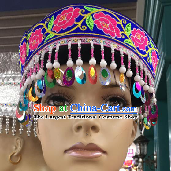 Chinese Traditional National Hat Ethnic Yi Nationality Embroidered Peony Blue Hat for Women