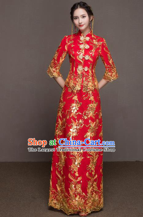 Chinese Traditional Wedding Costumes Ancient Bride Embroidered Red Dress for Women