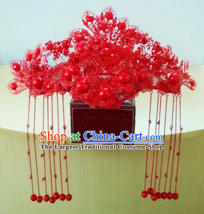 Chinese Classical Wedding Hair Accessories Traditional Ancient Bride Red Phoenix Coronet for Women