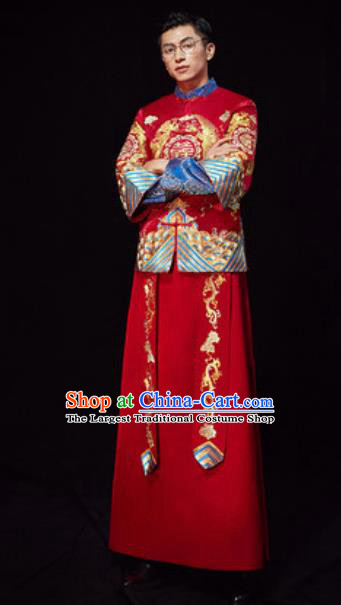 Chinese Traditional Wedding Red Embroidered Costumes Ancient Bridegroom Toast Clothing for Men