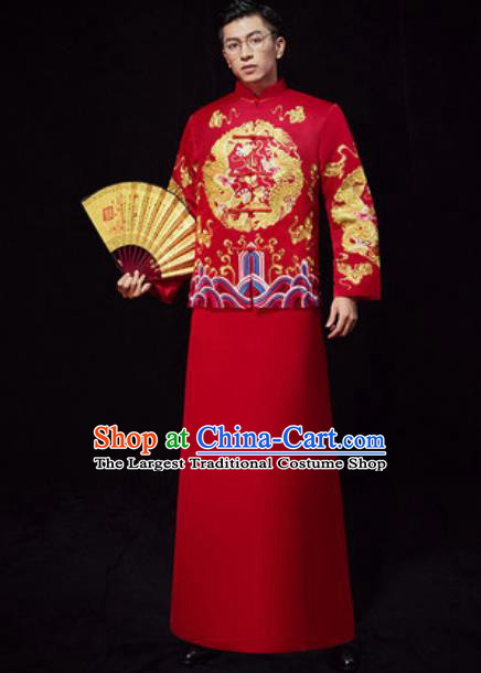 Chinese Traditional Wedding Embroidered Costumes Red Gown Ancient Bridegroom Toast Clothing for Men