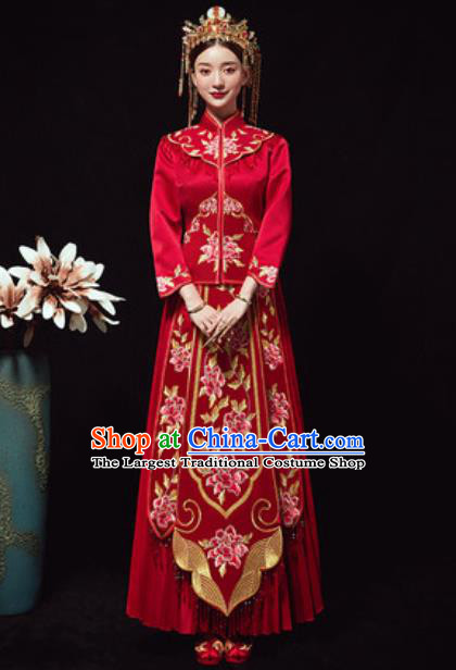 Chinese Traditional Red Xiuhe Suits Ancient Bride Embroidered Peony Wedding Dress for Women