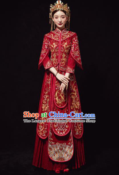 Chinese Traditional Embroidered Phoenix Red Xiuhe Suits Ancient Bride Wedding Dress for Women