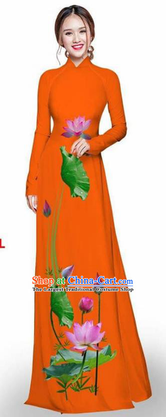 Asian Vietnam Traditional Orange Cheongsam Vietnamese Printing Lotus Ao Dai Qipao Dress for Women