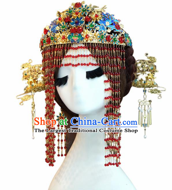 Chinese Ancient Wedding Queen Luxurious Blueing Lotus Phoenix Coronet Hair Jewelry Accessories Hairpins for Women