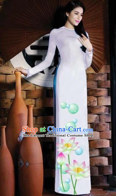 Vietnam Traditional Bride Costume Vietnamese Printing Lotus White Ao Dai Qipao Dress Cheongsam for Women