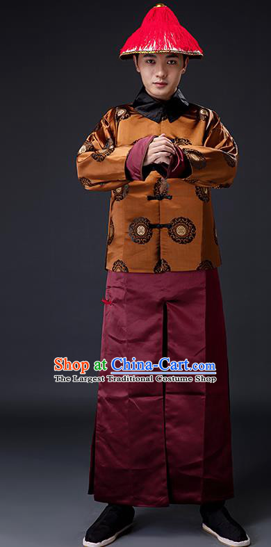 Traditional Chinese Ancient Drama Costumes Qing Dynasty Imperial Bodyguard Clothing and Hat for Men