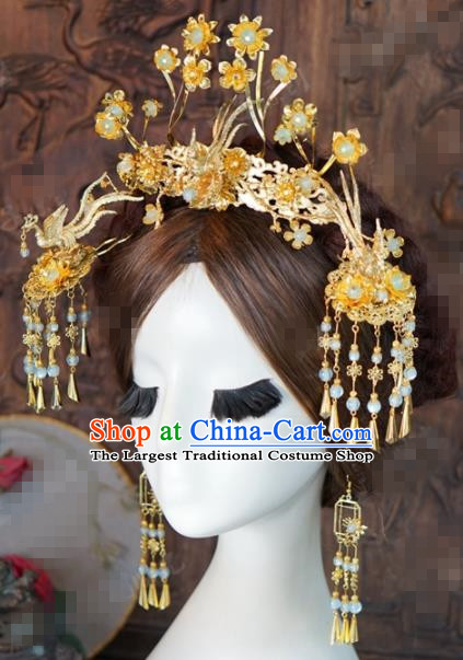 Chinese Ancient Wedding Hair Accessories Golden Phoenix Coronet Palace Queen Hairpins for Women