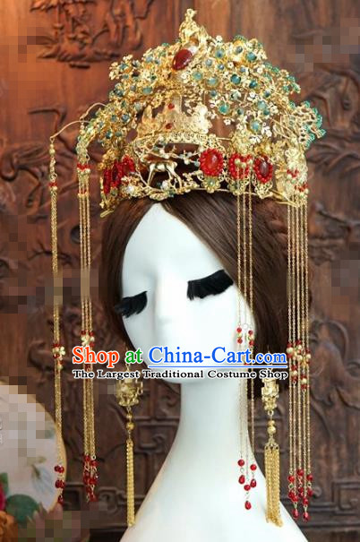 Chinese Ancient Queen Tassel Phoenix Coronet Wedding Bride Hairpins Headdress for Women