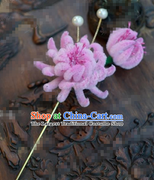 Chinese Ancient Qing Dynasty Empress Hair Clip Palace Pink Chrysanthemum Hairpins for Women