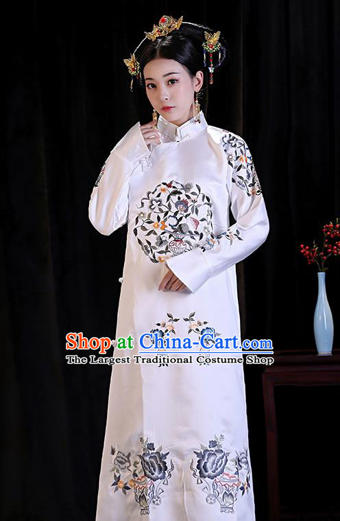 Chinese Ancient Manchu Lady Embroidered Dresses Qing Dynasty Drama Princess Costumes and Headpiece Complete Set