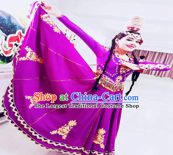 Chinese Ethnic Costumes Folk Dance Purple Dress Traditional National Uyghur Nationality Clothing for Women