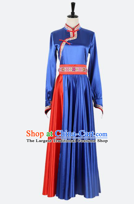 Chinese Ethnic Minority Royalblue Dress Traditional Mongols Nationality Folk Dance Costume for Women