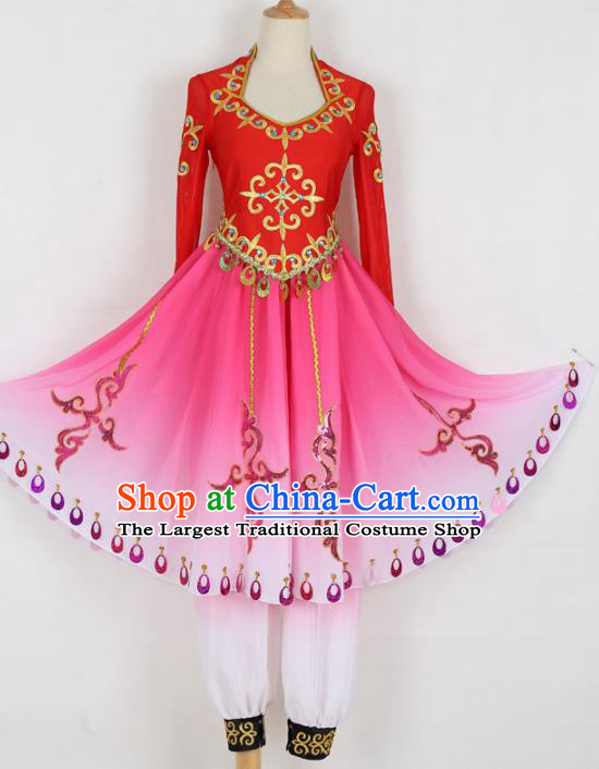 Chinese Uigurian Ethnic Minority Red Dress Traditional Uyghur Nationality Folk Dance Costume for Women