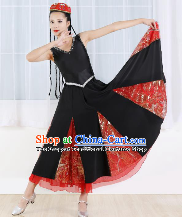 Chinese Ethnic Minority Black Dress Traditional Uyghur Nationality Folk Dance Costume for Women