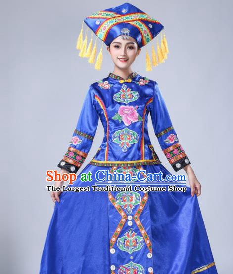 Chinese Ethnic Minority Blue Embroidered Dress Traditional Zhuang Nationality Folk Dance Costumes for Women