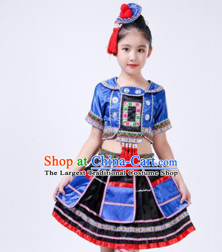 Chinese Traditional Yao Nationality Folk Dance Blue Dress Ethnic Dance Costumes for Kids