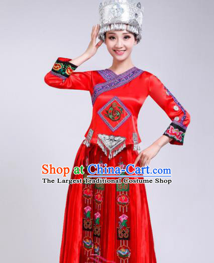 Chinese Hmong Ethnic Minority Red Dress Traditional Miao Nationality Folk Dance Costumes for Women