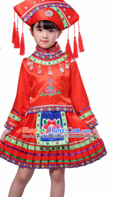 Chinese Traditional Zhuang Minority Folk Dance Clothing Ethnic Dance Red Costumes for Kids