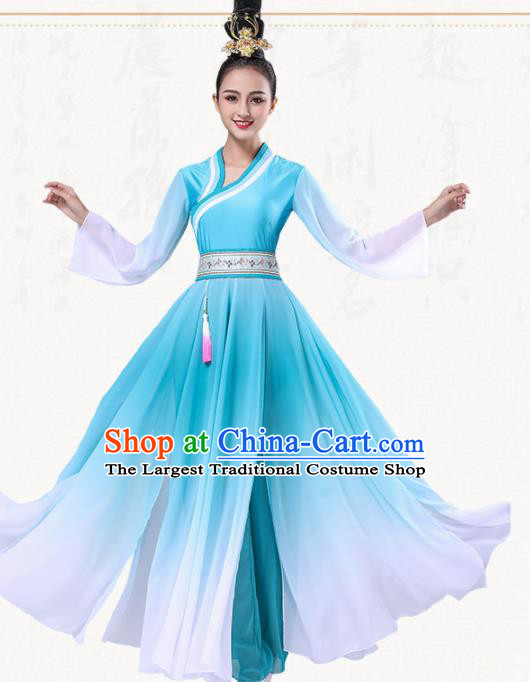 Chinese Traditional Group Dance Blue Dress Classical Dance Umbrella Dance Costumes for Women