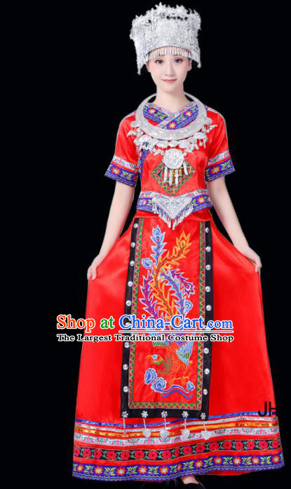 Chinese Ethnic Minority Red Dress Traditional Miao Nationality Folk Dance Costumes for Women