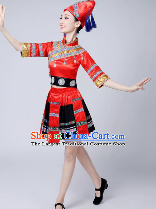 Chinese Ethnic Minority Embroidered Red Dress Traditional Zhuang Nationality Folk Dance Costumes for Women