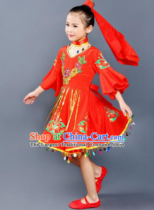 Chinese Traditional Uyghur Minority Folk Dance Clothing Ethnic Dance Red Dress for Kids