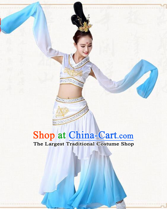 Chinese Traditional Classical Dance Blue Dress Ancient Peri Goddess Group Dance Costumes for Women