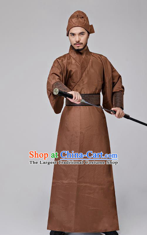 Traditional Chinese Three Kingdoms Period Swordsman Brown Costumes Ancient Drama Knight Clothing for Men