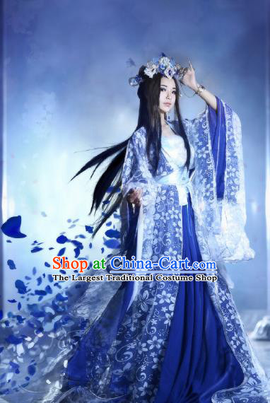 Traditional Chinese Cosplay Swordswoman Blue Costumes Ancient Imperial Consort Hanfu Dress for Women