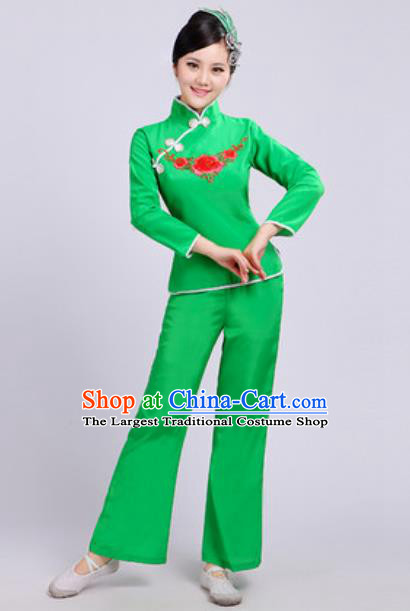 Traditional Chinese Folk Dance Fan Dance Costumes Yanko Dance Group Dance Green Clothing for Women