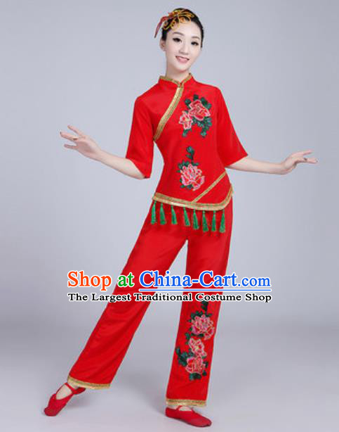 Traditional Chinese Folk Dance Fan Dance Red Costumes Yanko Dance Clothing for Women