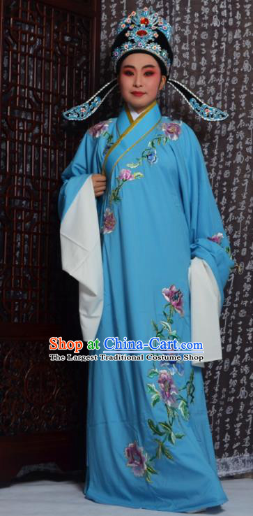 Professional Chinese Peking Opera Niche Costumes Embroidered Peony Blue Robe for Adults