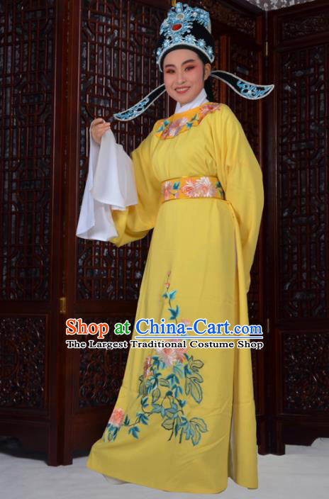 Professional Chinese Peking Opera Niche Costumes Ancient Gifted Scholar Embroidered Chrysanthemum Yellow Robe for Adults