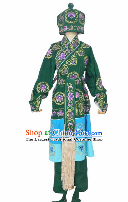 Professional Chinese Peking Opera Takefu Costumes Ancient Swordsman Embroidered Green Clothing and Hat for Adults