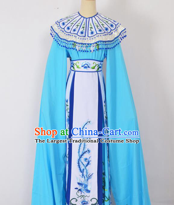 Chinese Ancient Palace Princess Embroidered Blue Dress Traditional Peking Opera Actress Costumes for Adults