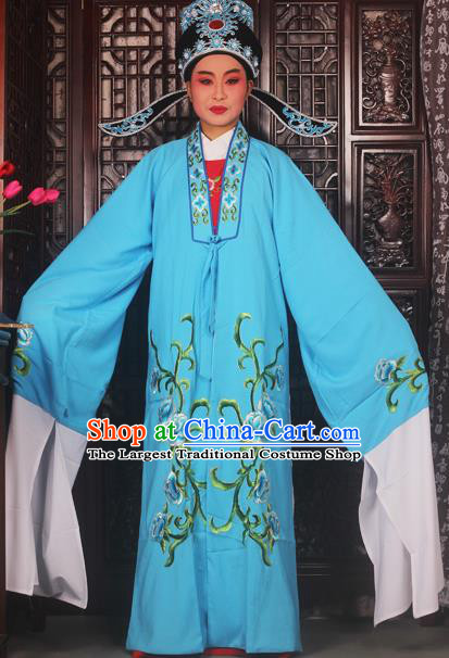 Top Grade Chinese Beijing Opera Scholar Costumes Peking Opera Niche Embroidered Blue Clothing for Adults