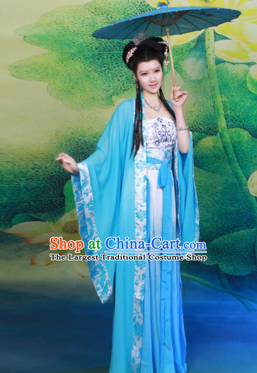 Chinese Tang Dynasty Nobility Lady Blue Hanfu Dress Ancient Princess Embroidered Historical Costumes for Women