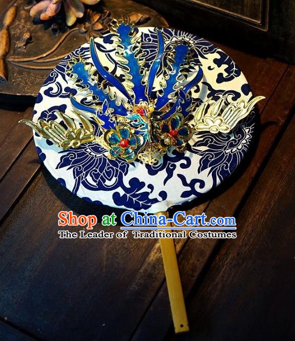 Chinese Handmade Classical Stage Performance Phoenix Fans Ancient Palace Lady Blue and White Porcelain Round Fans for Women