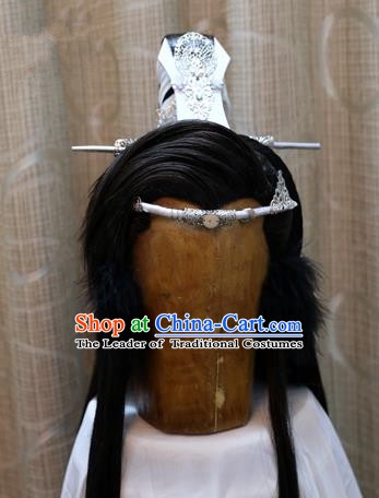 China Ancient Tang Dynasty Cosplay Swordsman Wig Sheath and Hair Accessories Hairdo Crown