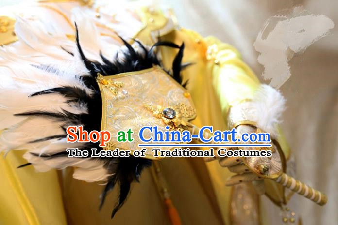 China Ancient Tang Dynasty Cosplay Swordsman Feather Golden Fans