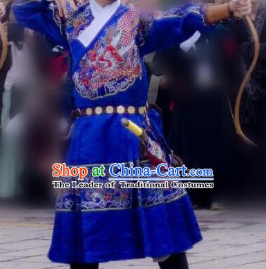 Ancient Chinese Ming Dynasty Imperial Bodyguard Swordsman Embroidered Costume Blue Robe for Men